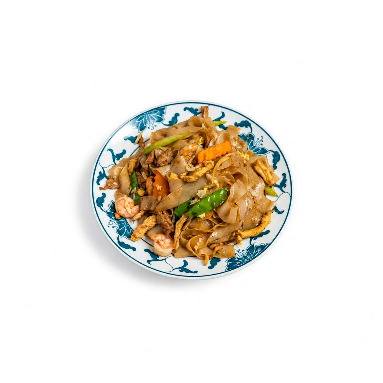 Stir-fried broad rice noodles with shrimp and vegetables