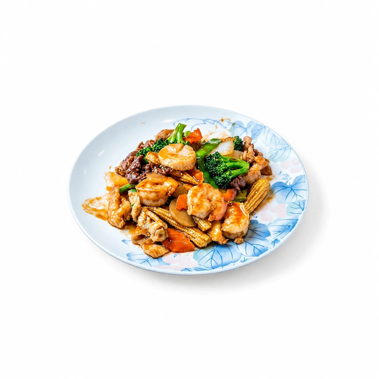 Seafood, meat and mixed vegetables