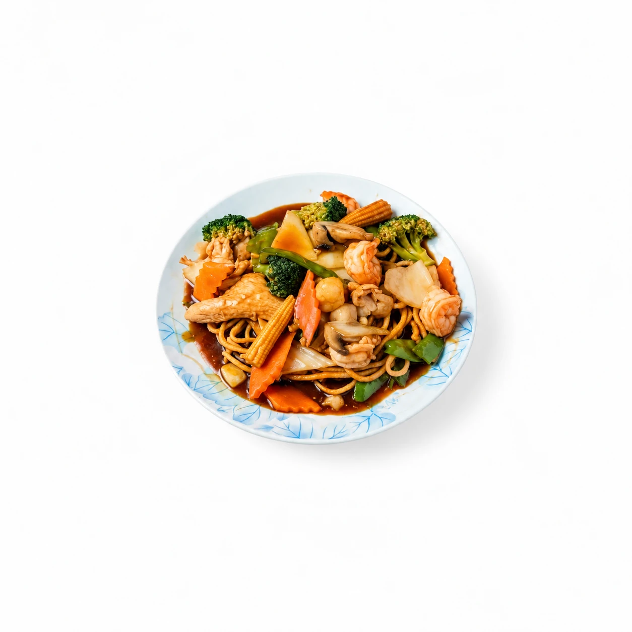 Seafood and vegetables over noodles